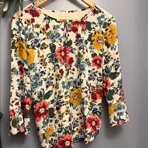 VAN HEUSEN Cream Floral Keyhole Blouse with Red, Yellow & Teal Flowers